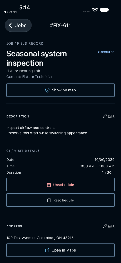 Bandog mobile job record for the same seasonal system inspection, showing the customer, contact, description, scheduled visit, address, and map actions.