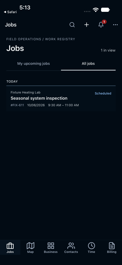 Bandog mobile Jobs screen showing a scheduled seasonal system inspection.